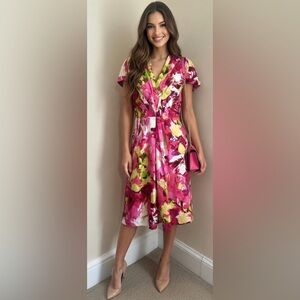 Etcetera Pink Hibiscus Floral Cap Sleeve Dress.